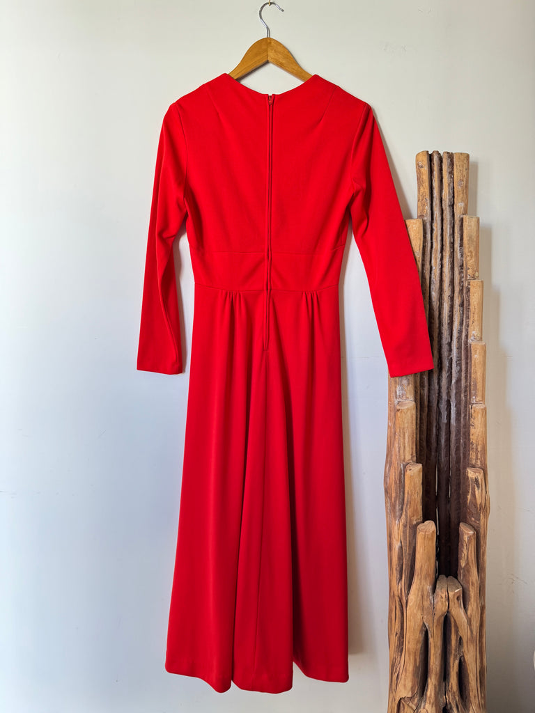 red dress vintage clothing 1930s Polka Dot Cotton Moore Archive Micheline is 59 wearing a Small 70s Longsleeve Red Dress