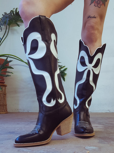 Glenda Black White Bow Tall Boot – Classic Rock Couture