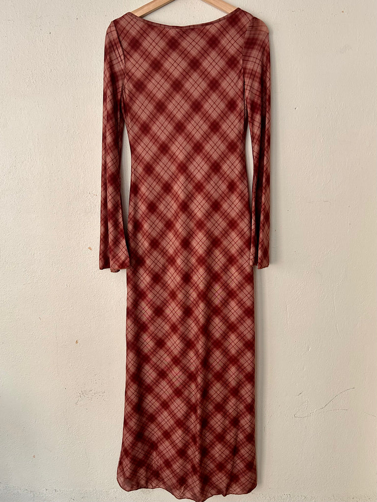 plaid maxi dress long sleeve Astraea this maxi dress flows and drapes beautifully to create a charming silhouette Mireya Timeless Plaid Knit Maxi