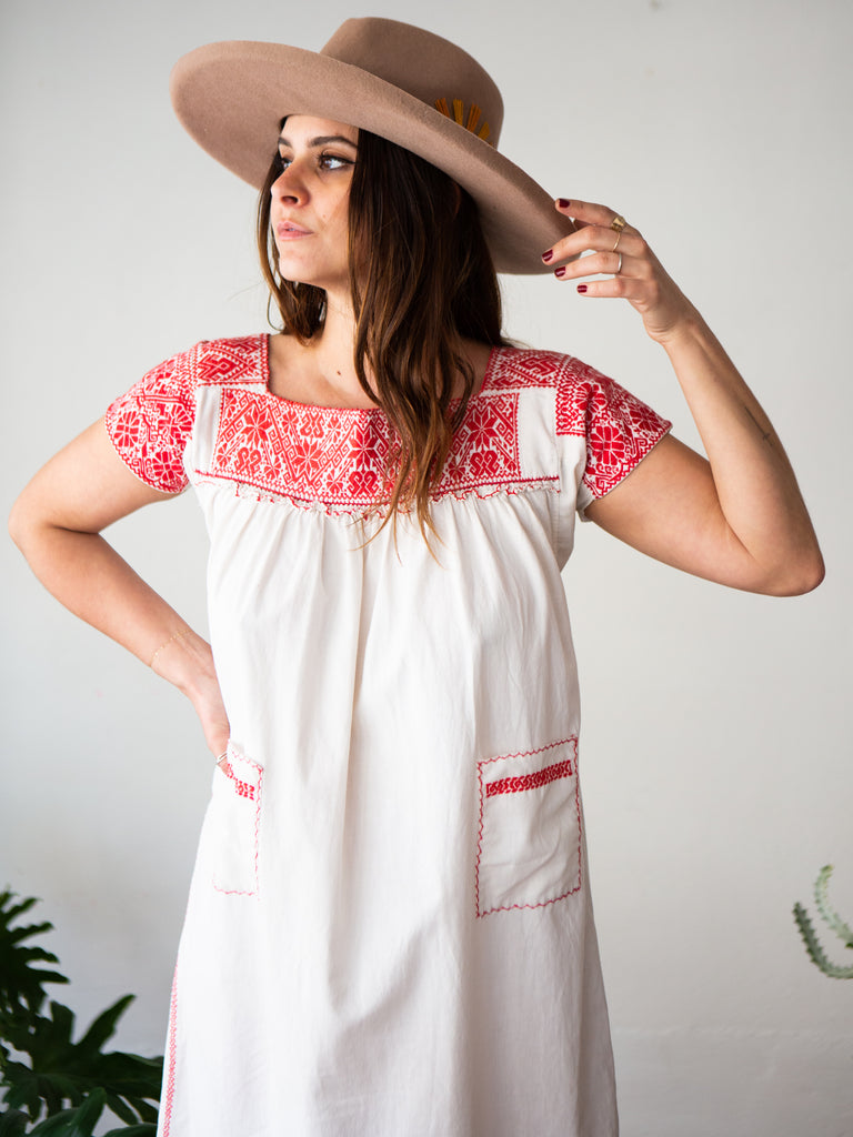 Mexican Embroidered Dress with Pockets