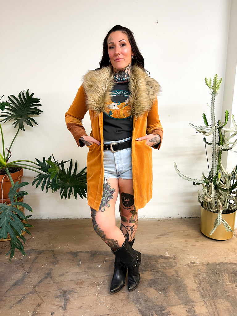 Cinnamon Girl Gold Faux Fur Midi Jacket