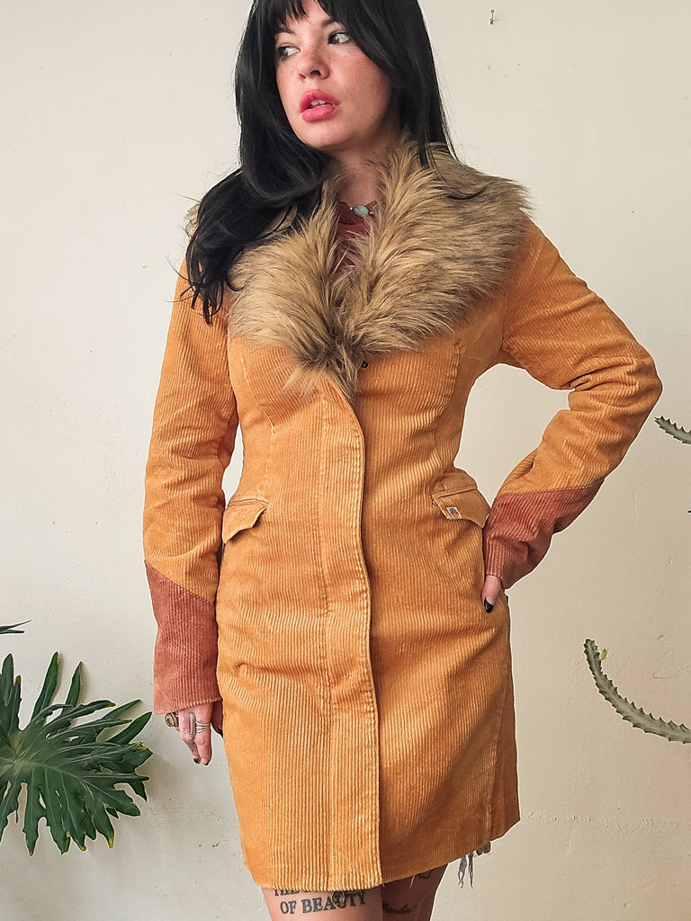 Cinnamon Girl Gold Faux Fur Midi Jacket