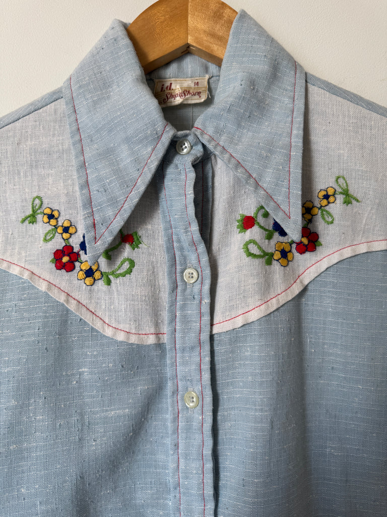 70s Embroidered Chambray Blouse