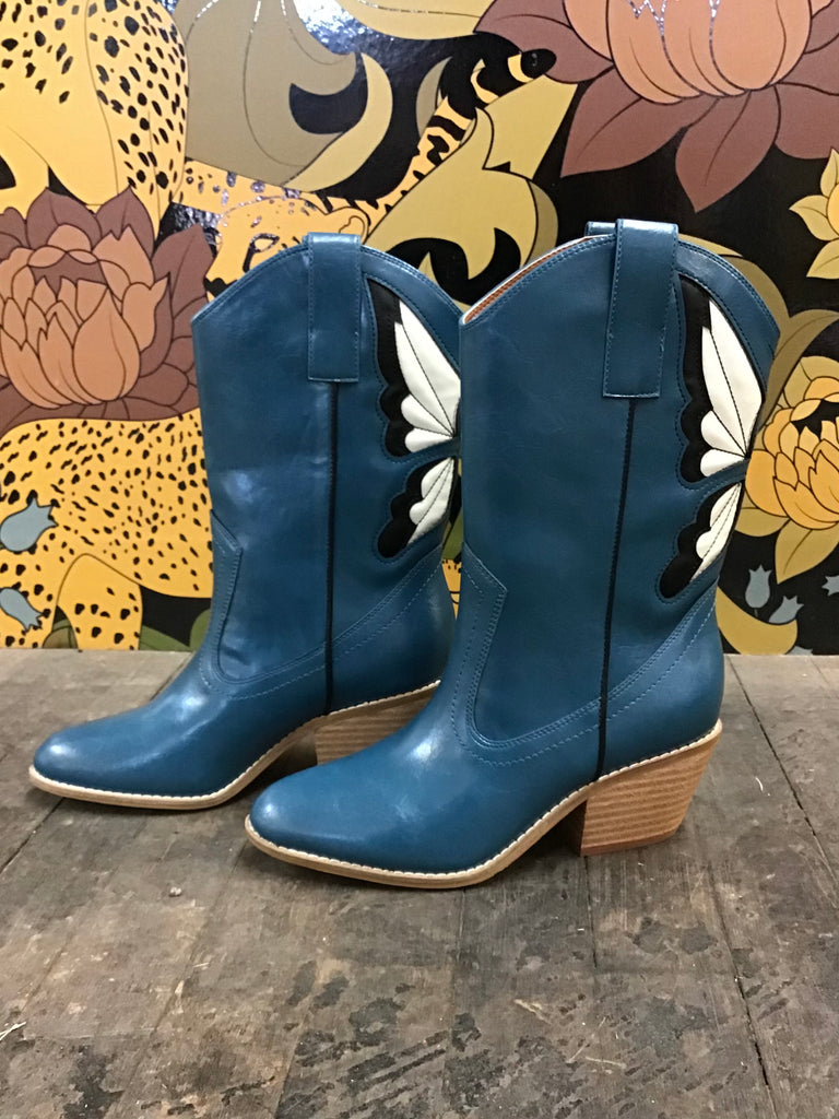 Blue Butterfly Inlay Western Boot