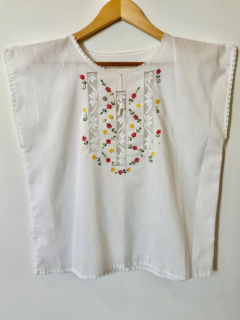 Vintage Embroidered Flower White Cotton Blouse