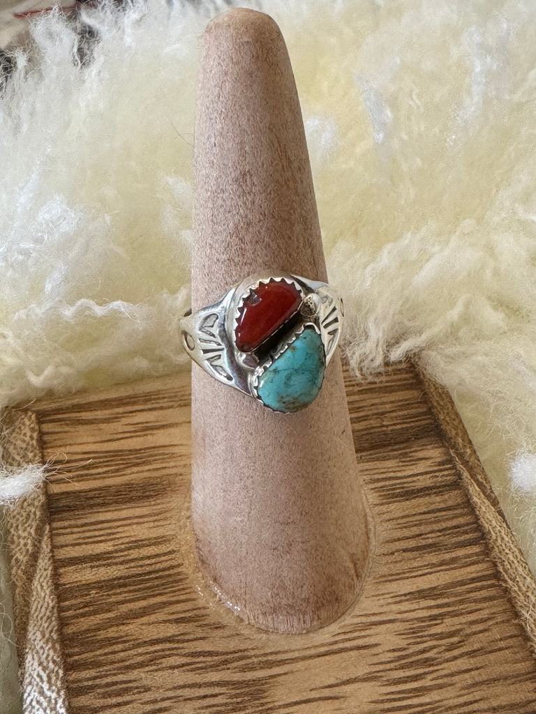 Turquoise and Coral Silver Ring