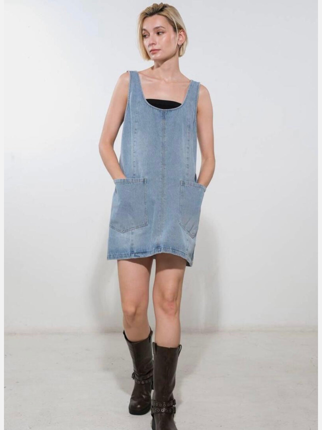 denim pocket dress Pink Lily My Favorite Stretchy Long Sleeve Mini neckline with zip Patch-pocket Shift Dress In Denim