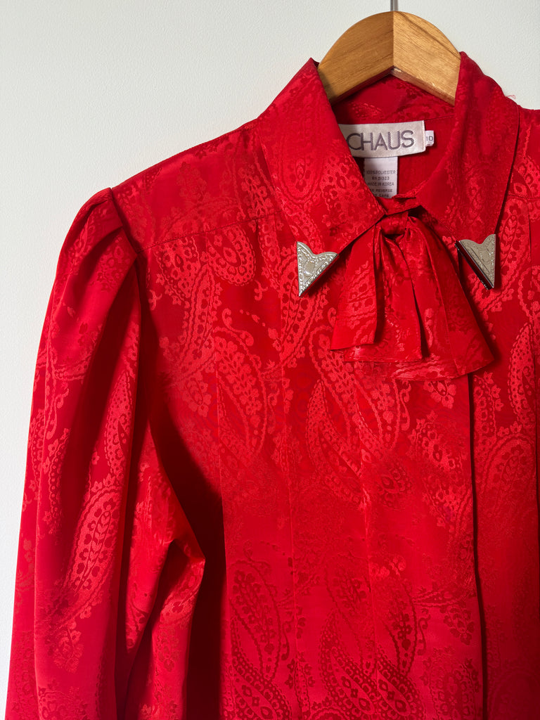 80s Red Satin Blouse with Collar Tips