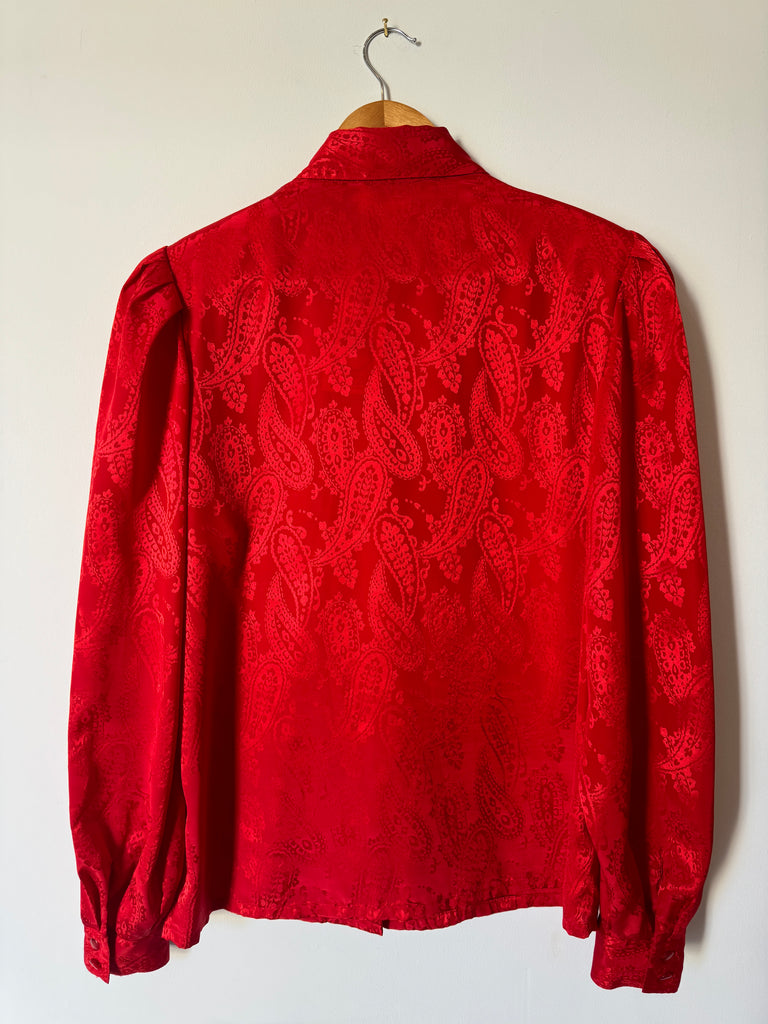 80s Red Satin Blouse with Collar Tips