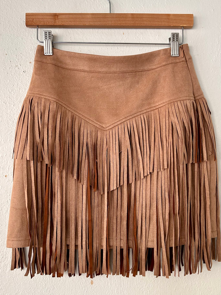 Tan Fringe Mini Skirt