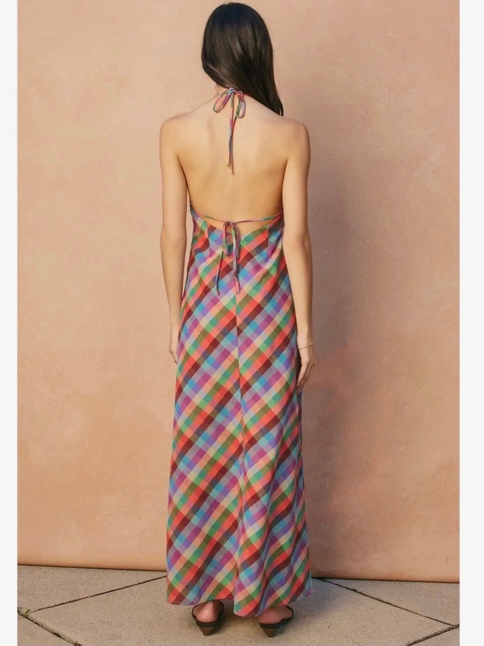 Madras Gingham Halter Maxi Dress Large