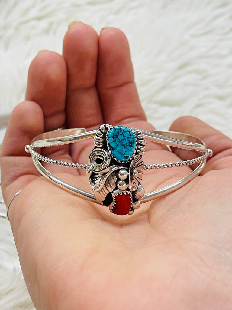 Turquoise and sales coral cuff bracelet
