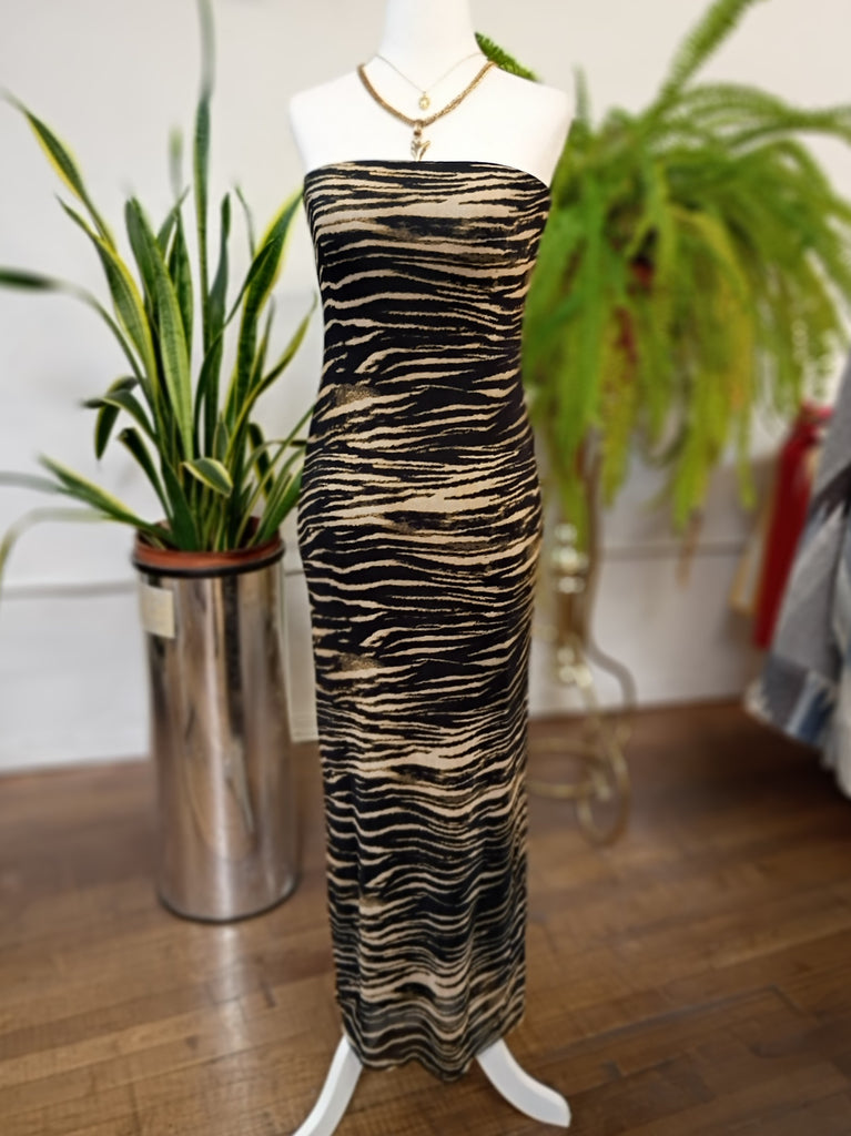 Zebra Stripe Strapless Midi Dress