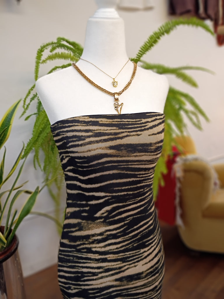 Zebra Stripe Strapless Midi Dress