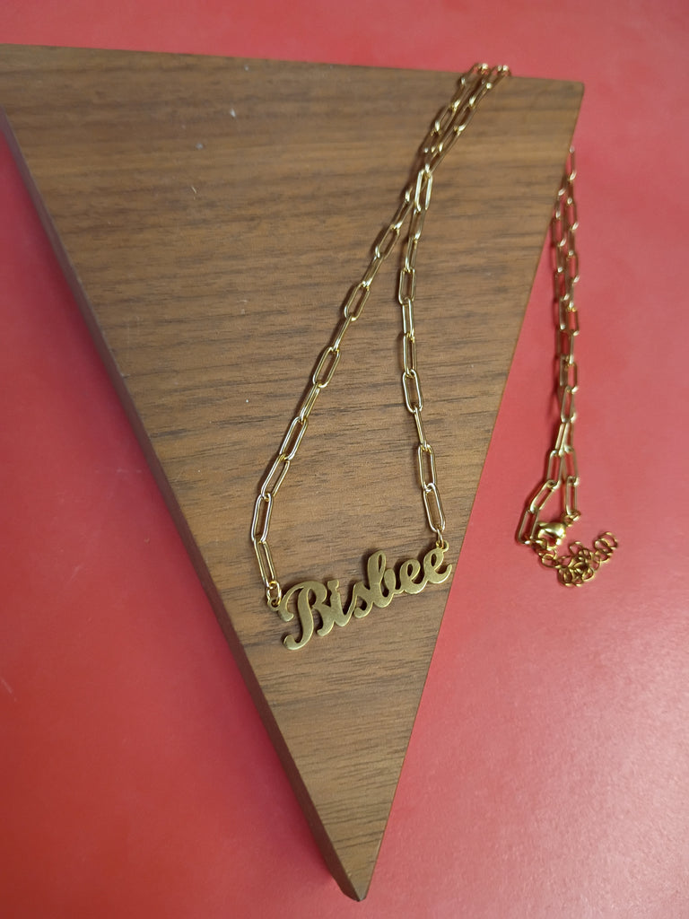 Gold Bisbee Script Paperclip Necklace