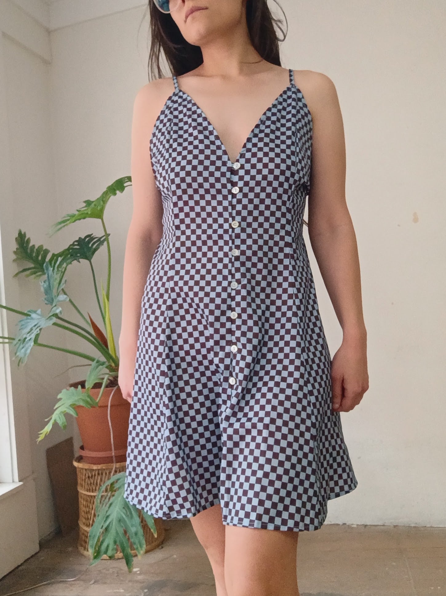 blue checkered mini dress Blue Gingham Puff Sleeve Mini Dress