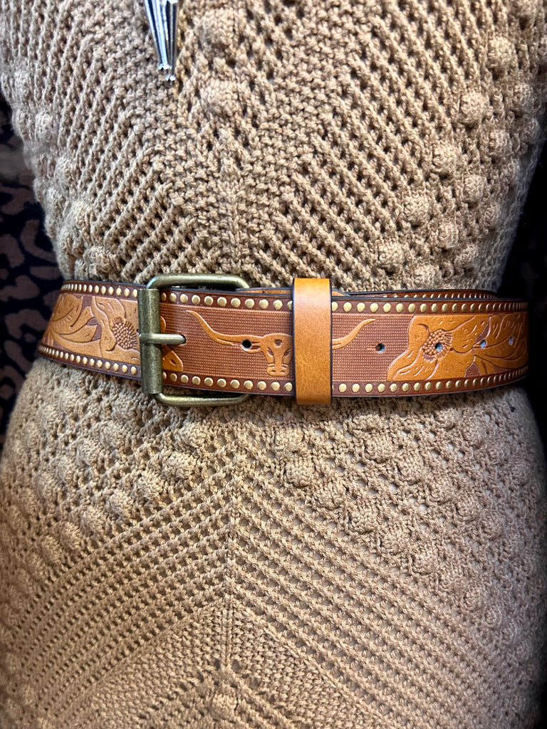 Longhorn Tooled Leather Belt