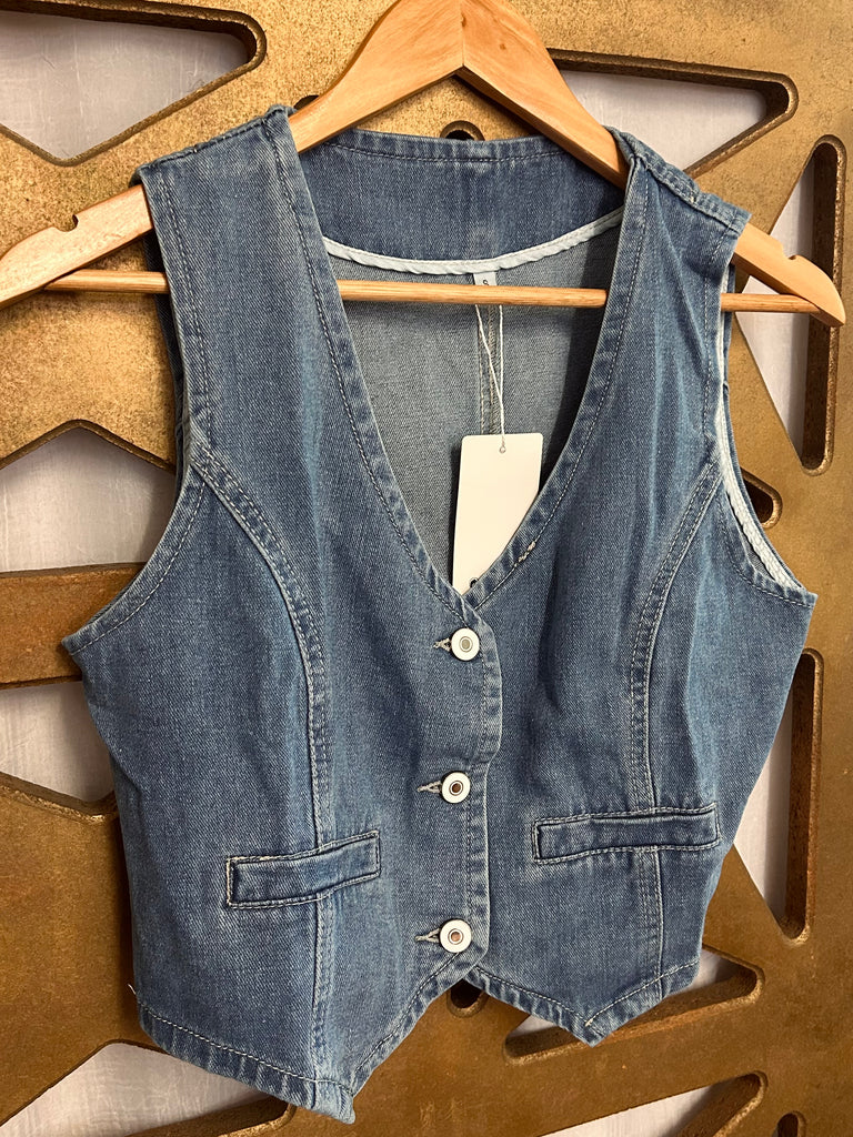 Washed V-Neck Crop Denim Vest