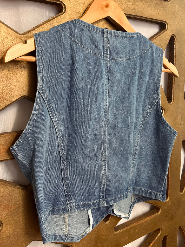 Washed V-Neck Crop Denim Vest