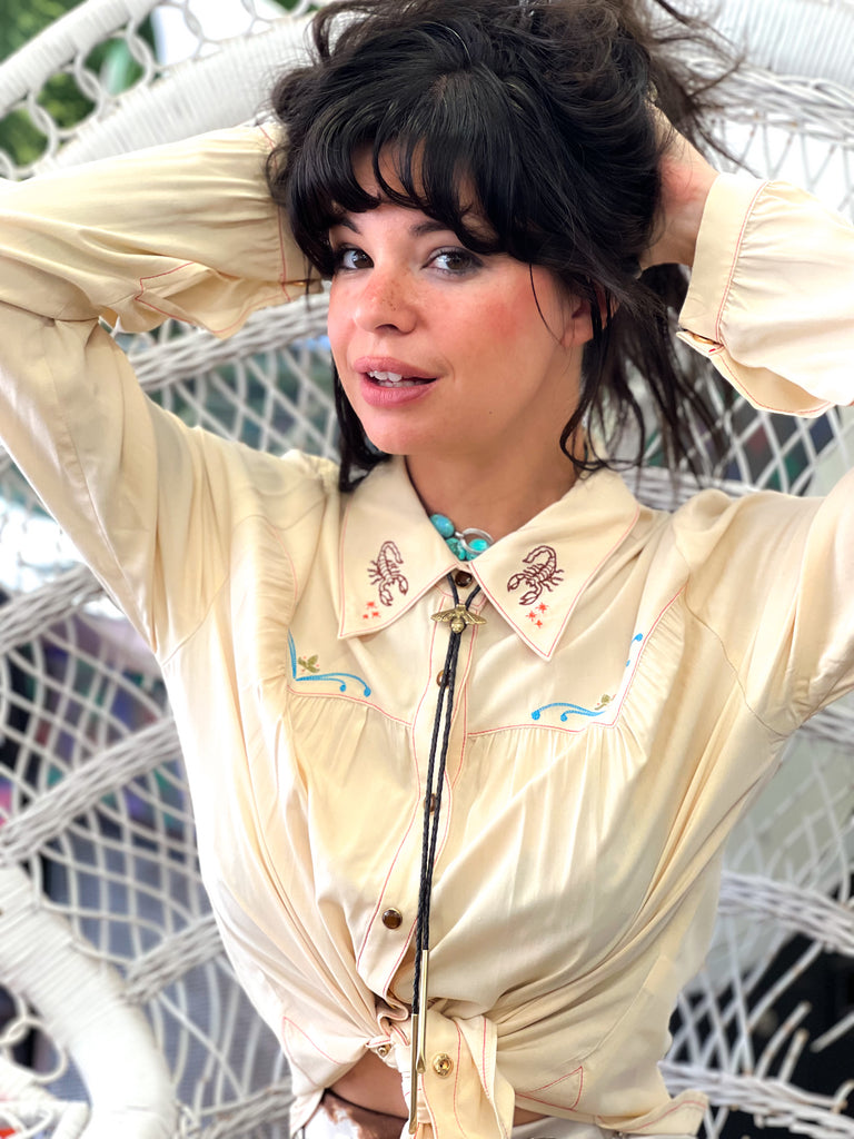 PREORDER Cream Desperado Pearl Snap Embroidered Blouse