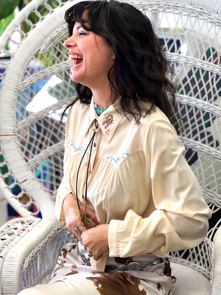 PREORDER Cream Desperado Pearl Snap Embroidered Blouse
