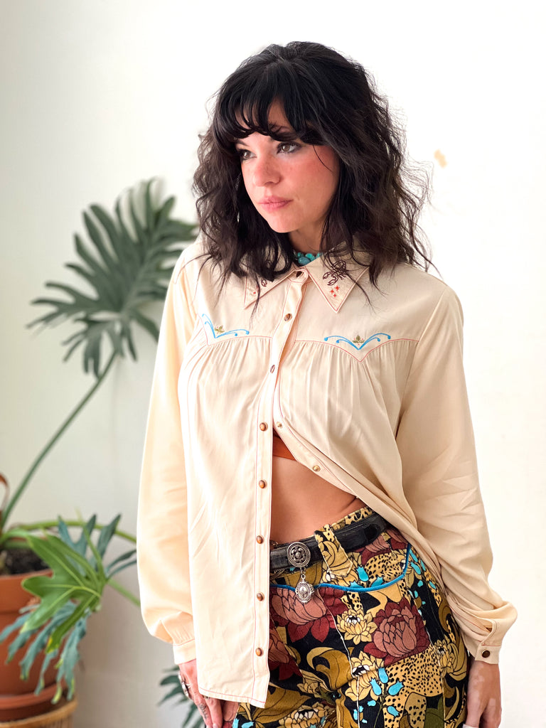PREORDER Cream Desperado Pearl Snap Embroidered Blouse