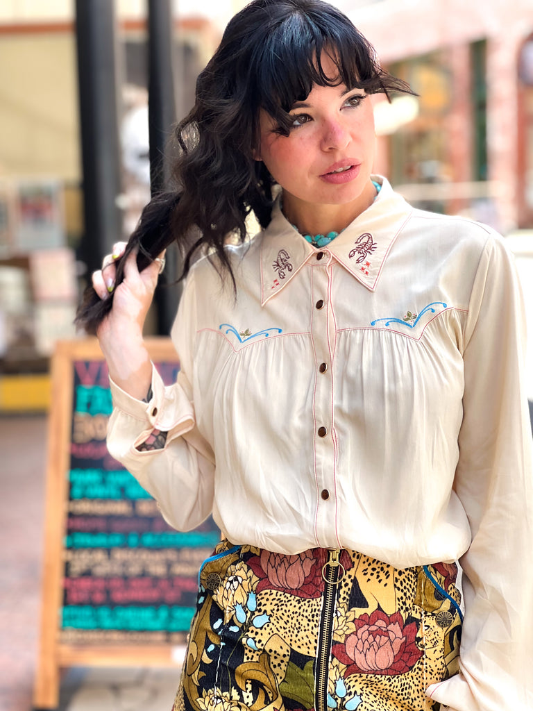 PREORDER Cream Desperado Pearl Snap Embroidered Blouse