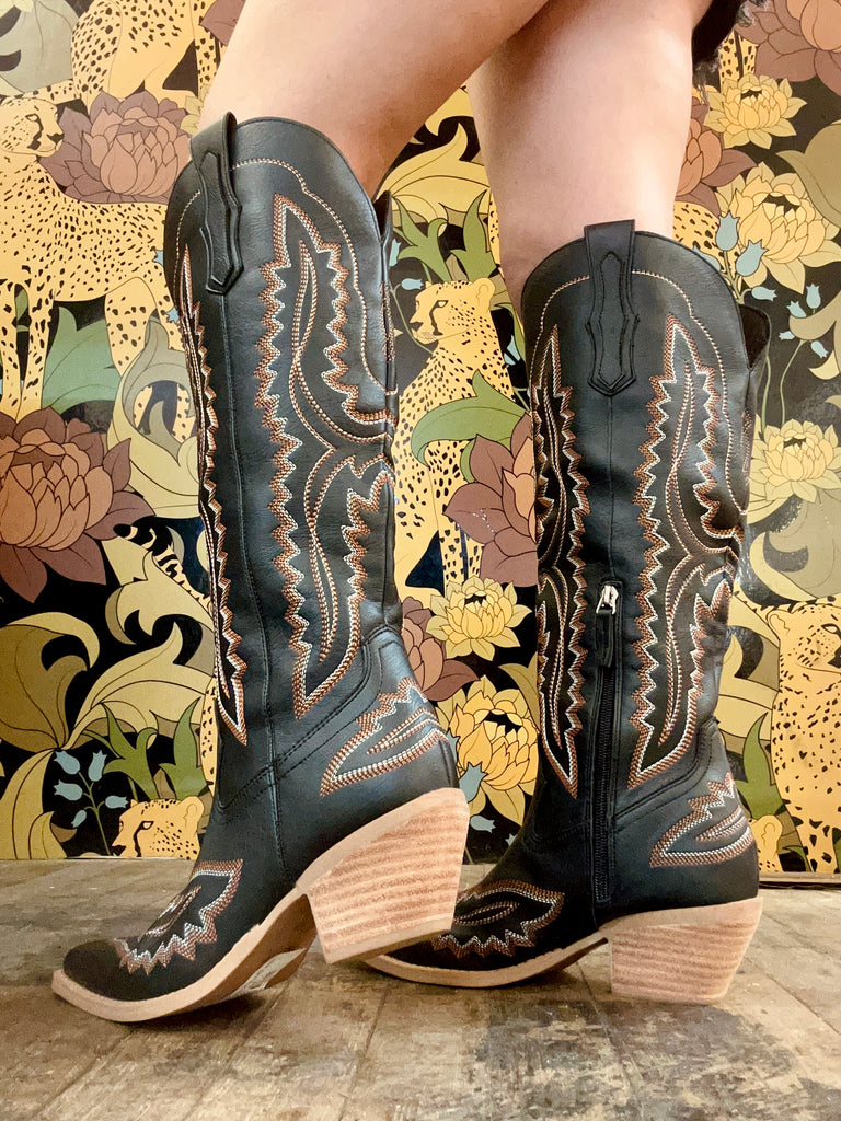 Tess Black Knee High Boots