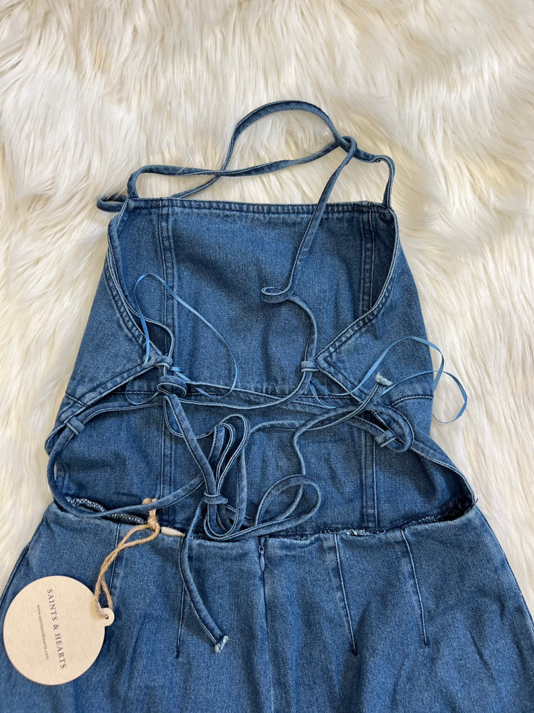 Lace Up Denim Jumpsuit