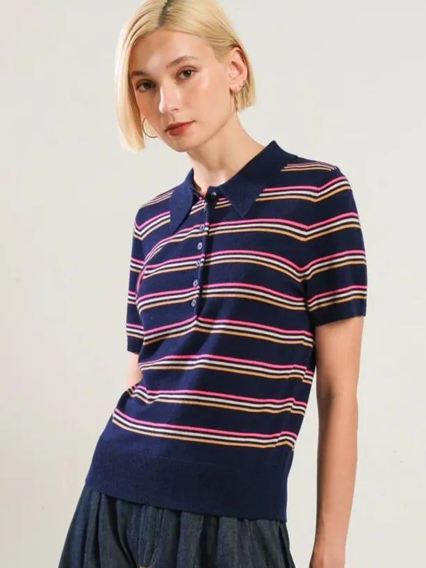 Navy Knit Striped Polo Shirt