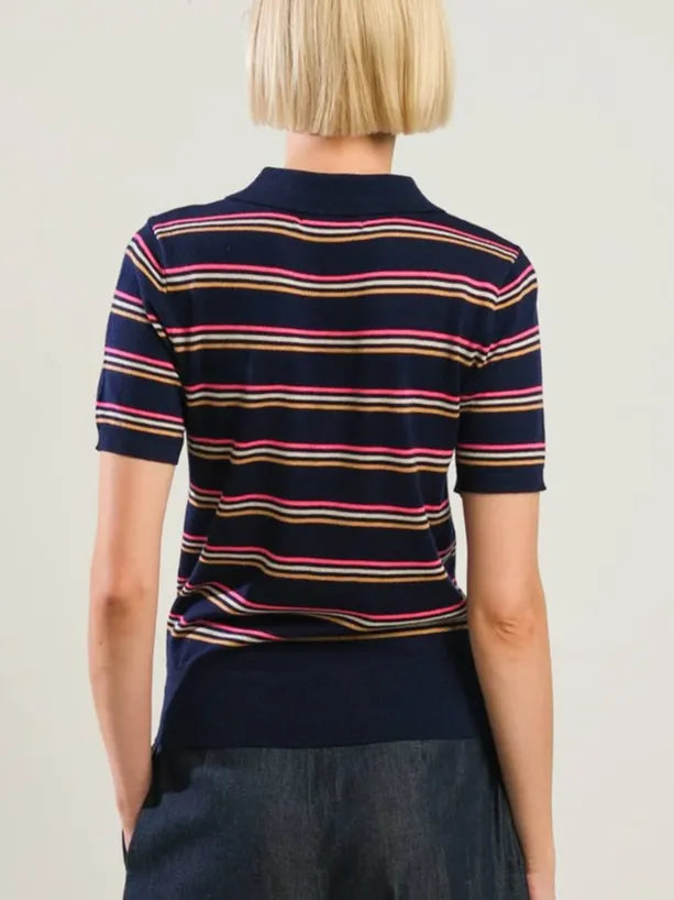 Navy Knit Striped Polo Shirt