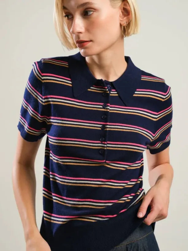 Navy Knit Striped Polo Shirt