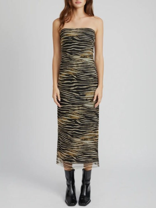 Zebra Stripe Strapless Midi Dress