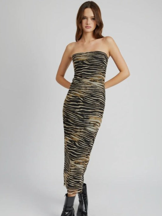 Zebra Stripe Strapless Midi Dress
