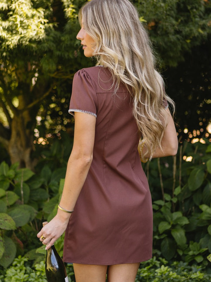 Brown Floral Embroidered Mini Dress