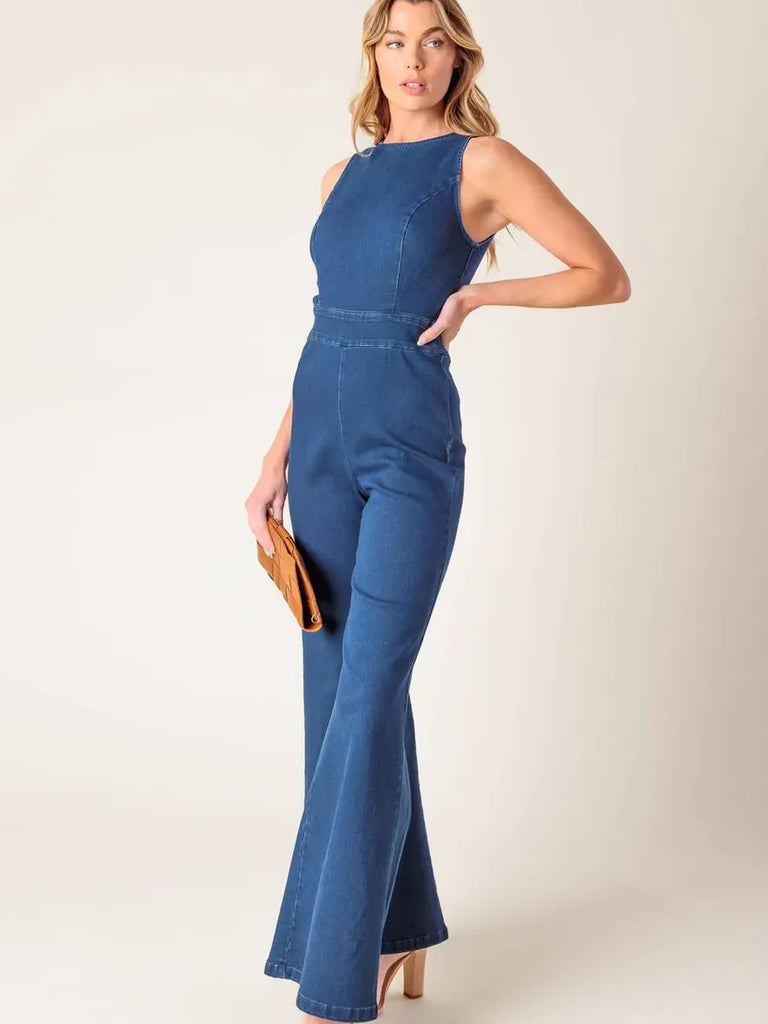 Washed stretch denim jumpsuit