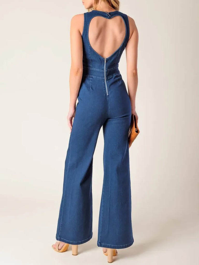 Washed stretch denim jumpsuit