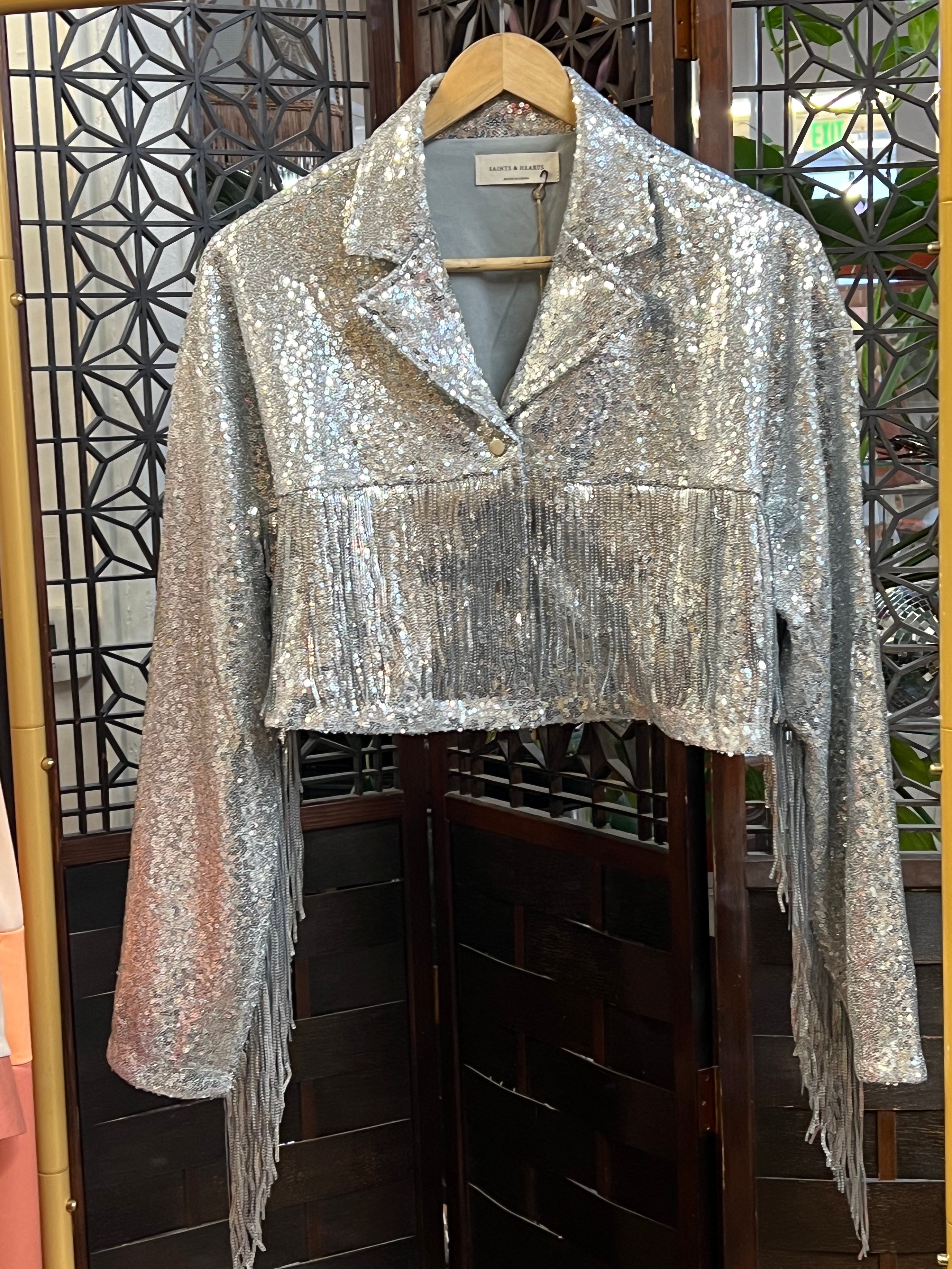 Saints & Hearts Sequin Fringe Cropped Jacket - Silver Medium, Women's