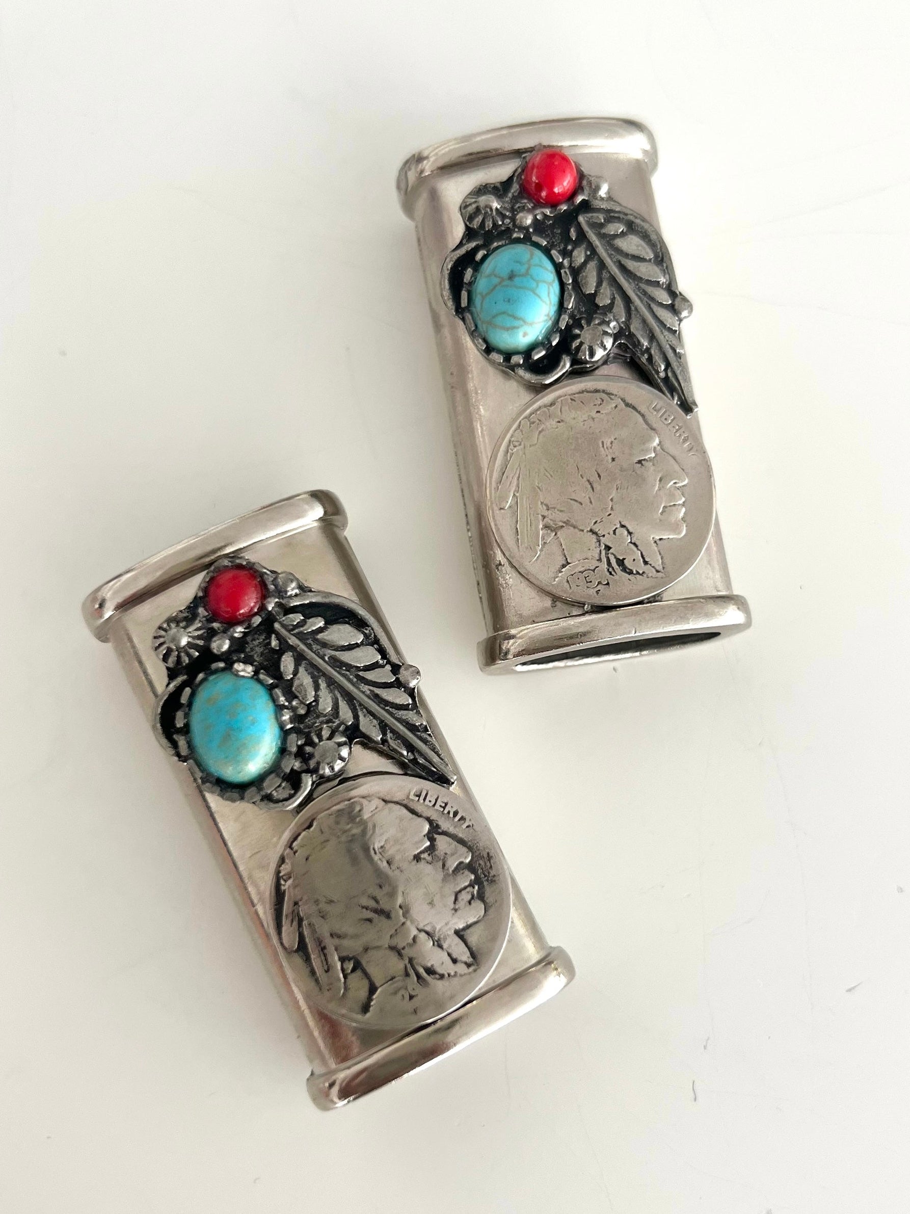 Sterling Silver Coral and Turquoise Lighter Cover 