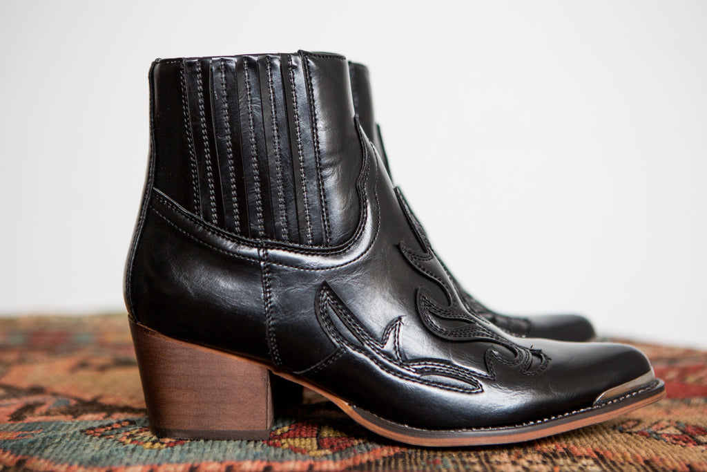 Mary Cowboy Boot in Black Faux Leather