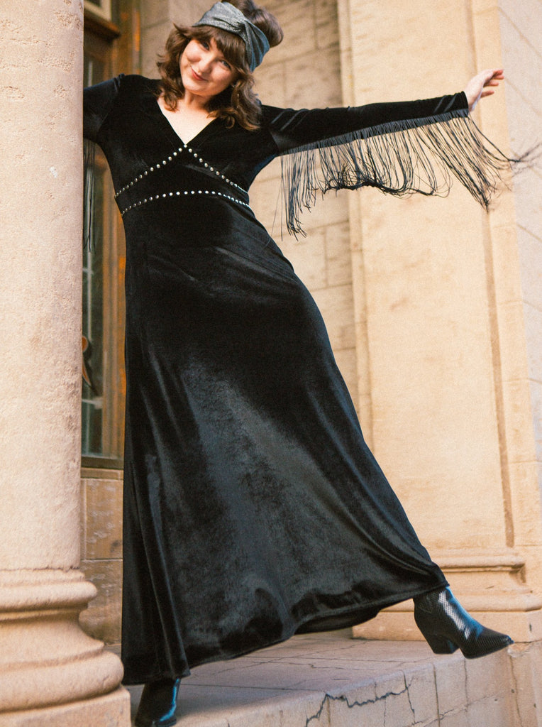 The Alucarda Black Fringe Maxi Dress