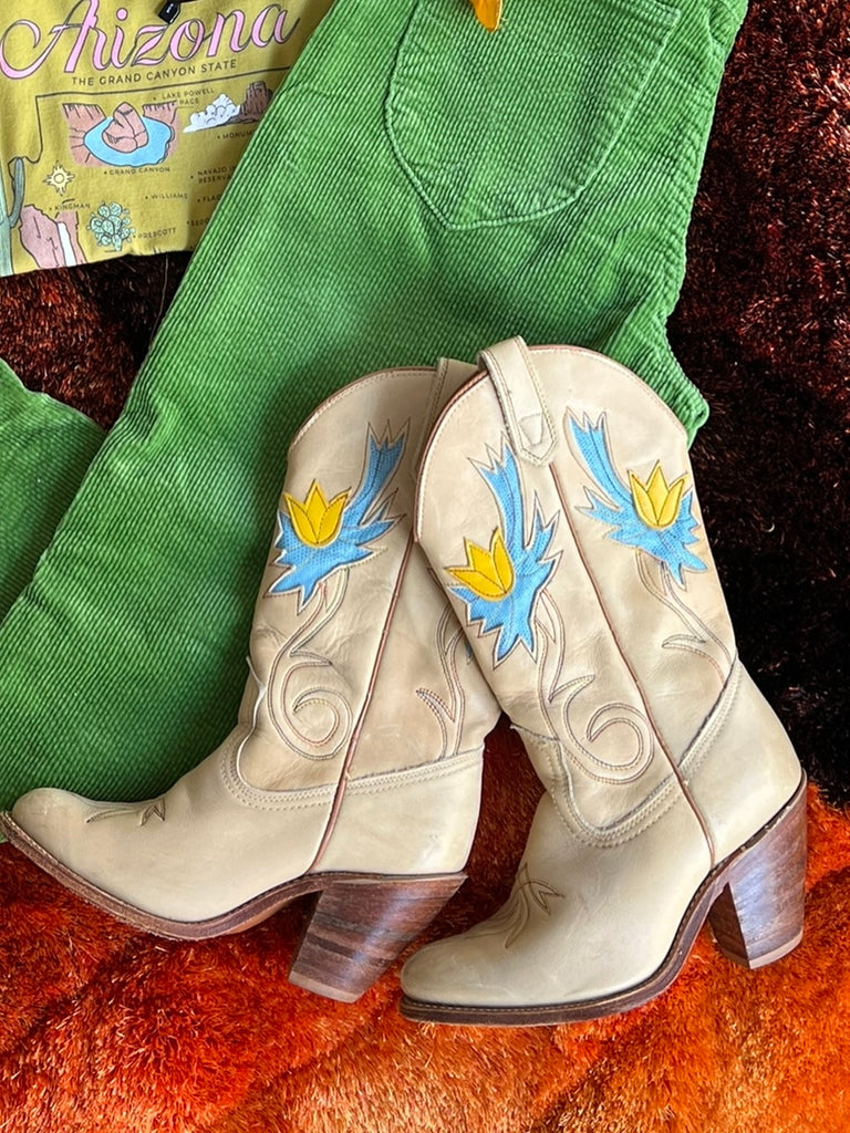 70s Inlaid Flowers Cowgirl Boots