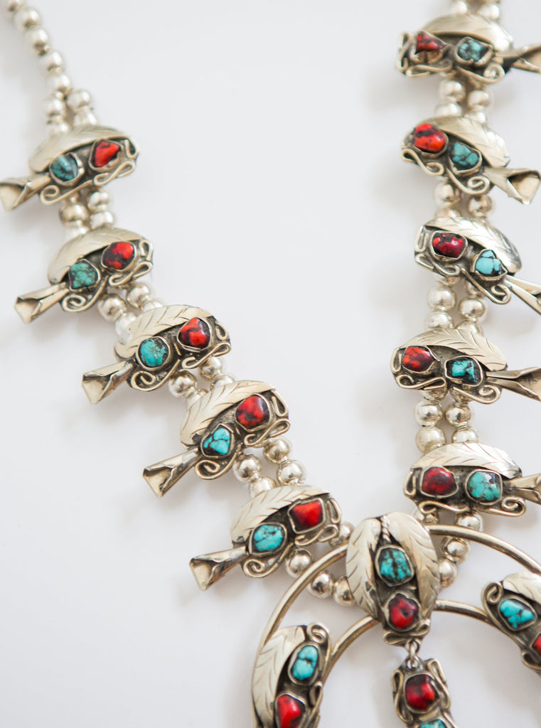 Turquoise and Coral Squash Blossom Necklace